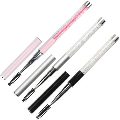 3-Piece Mascara and Eyebrow/Eyelash Brush Set with Caps, Portable Cosmetic Wands in Pink, Black, and Silver