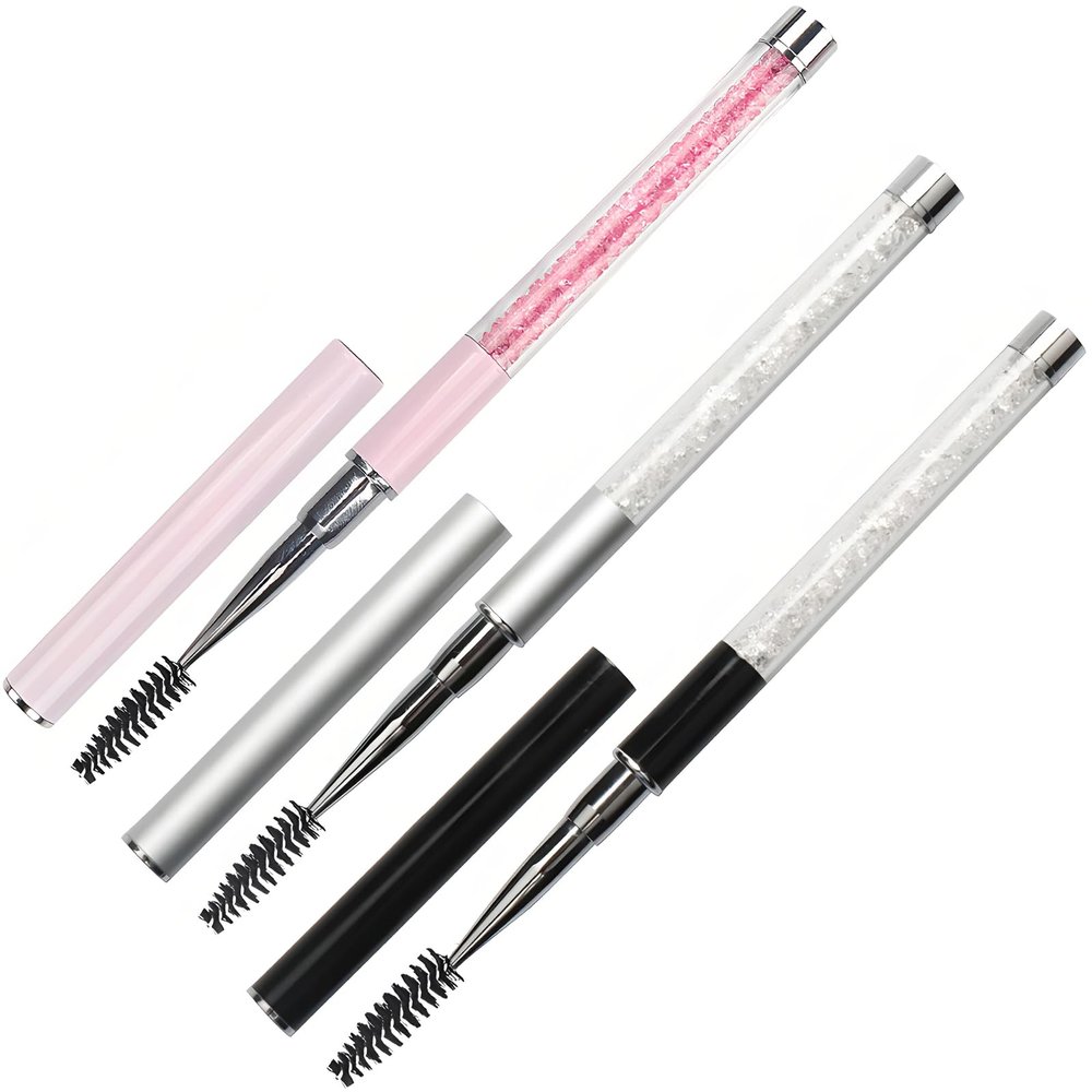 3-Piece Mascara and Eyebrow/Eyelash Brush Set with Caps, Portable Cosmetic Wands in Pink, Black, and Silver