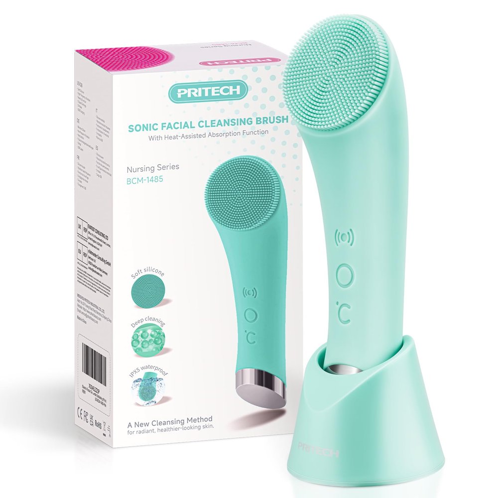 PRITECH Silicone Face Scrubber, Rechargeable Facial Cleansing Brush with Heat Massage End, Vibrating Exfoliator Scrubber for Deep Cleaning, Waterproof Face Brush for Women and Men (Green)