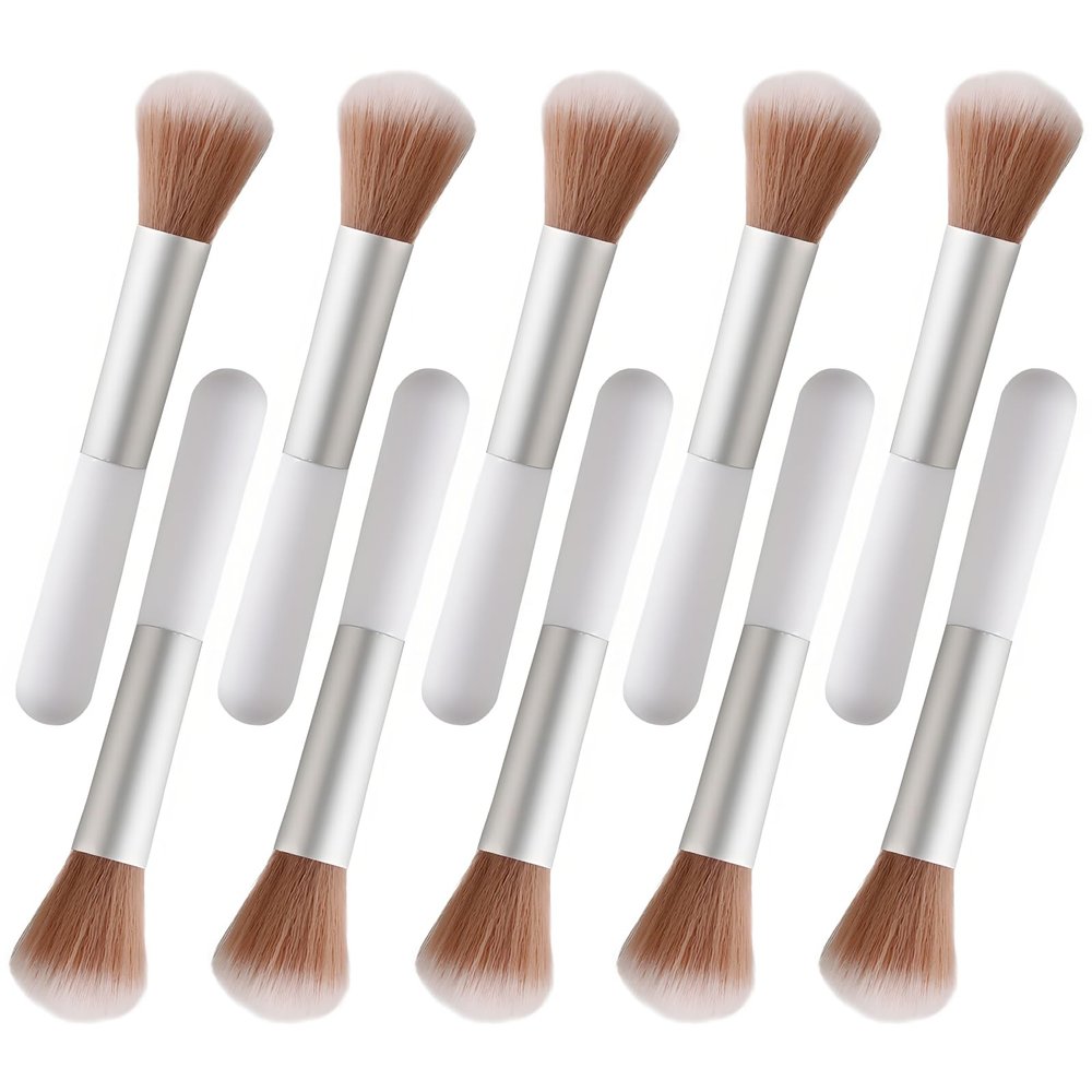 10-Piece Set Fluffy Beauty Makeup Brushes, Portable Blending Brushes with Eyebrow and Powder Application, White Mushroom-Design Plastic Travel Brushes for Makeup