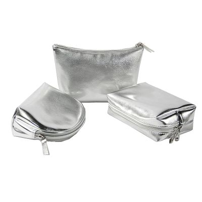 Artkingdome 3-Piece Fashion Organizer Makeup Bags Silver Cosmetic Bags, Portable Travel Toiletry Bags, Multifunctional Storage for Skincare, Cosmetics, and Accessories Silver