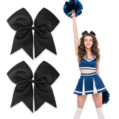 Big Black Ponytail Holders with Cheer Bows, Cheerleading Hair Accessories - 8 Inch Bows for Cheerleaders, Girls' Hair Ribbons, Softball Hair Ties