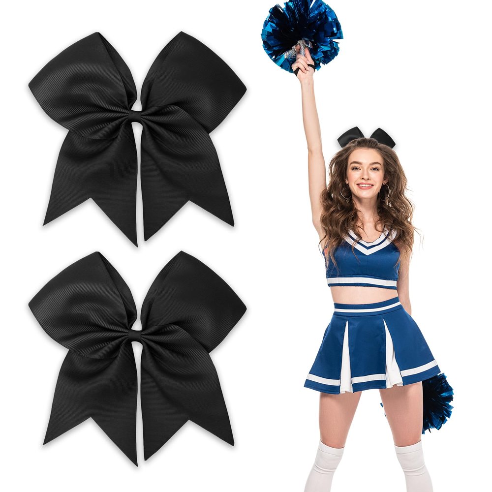Big Black Ponytail Holders with Cheer Bows, Cheerleading Hair Accessories - 8 Inch Bows for Cheerleaders, Girls' Hair Ribbons, Softball Hair Ties