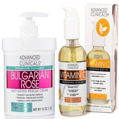 Advanced Clinicals Bulgarian Rose Anti Aging Cream + Vitamin C Brightening Body Oil Set