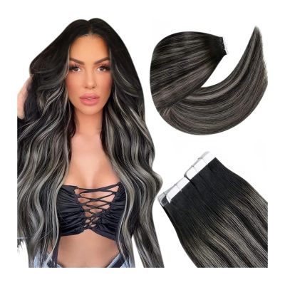 Tape in Hair Extensions Tape in Hair Extensions Human Hair Balayage Natural Black to Silver Gray 20pcs - Double Stitched Real Human Hair Extensions - Invisible Tape in Extensions Hair Extensions ( Siz