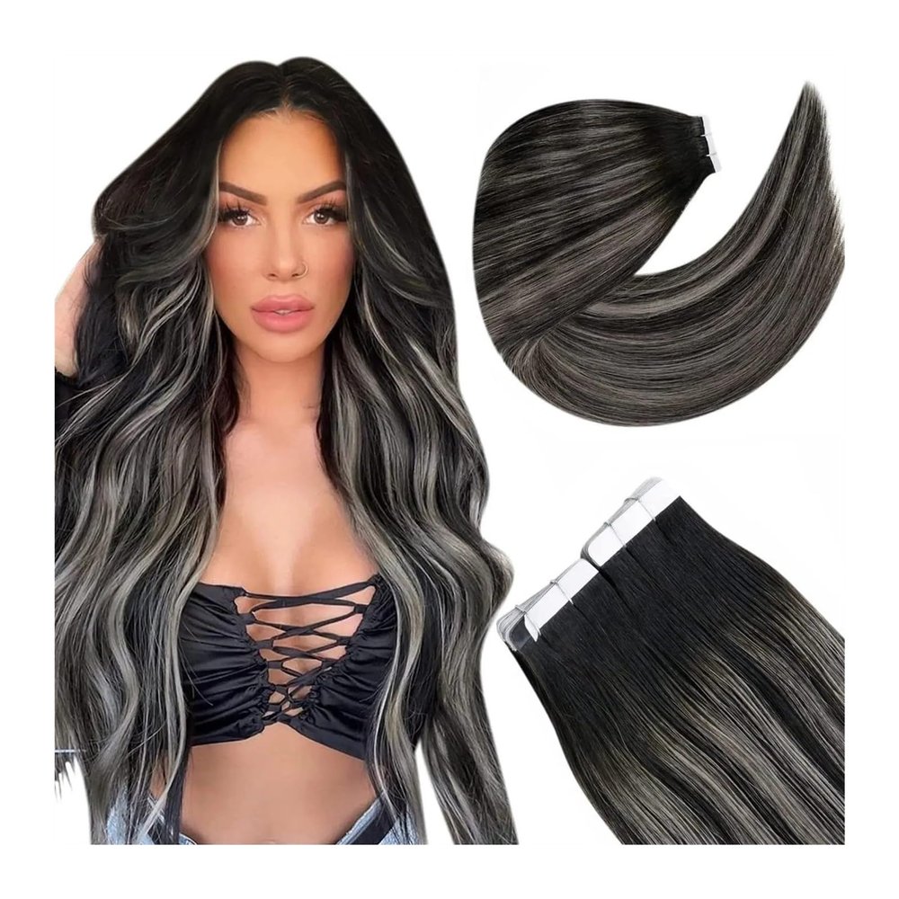 Tape in Hair Extensions Tape in Hair Extensions Human Hair Balayage Natural Black to Silver Gray 20pcs - Double Stitched Real Human Hair Extensions - Invisible Tape in Extensions Hair Extensions ( Siz