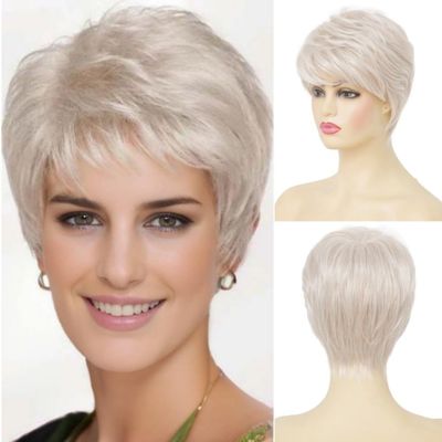Kaneles Short Blonde Wig for Women with Bangs Natural Synthetic Halloween Hair Wigs Daily Layered Lady Wigs(Light Blonde)