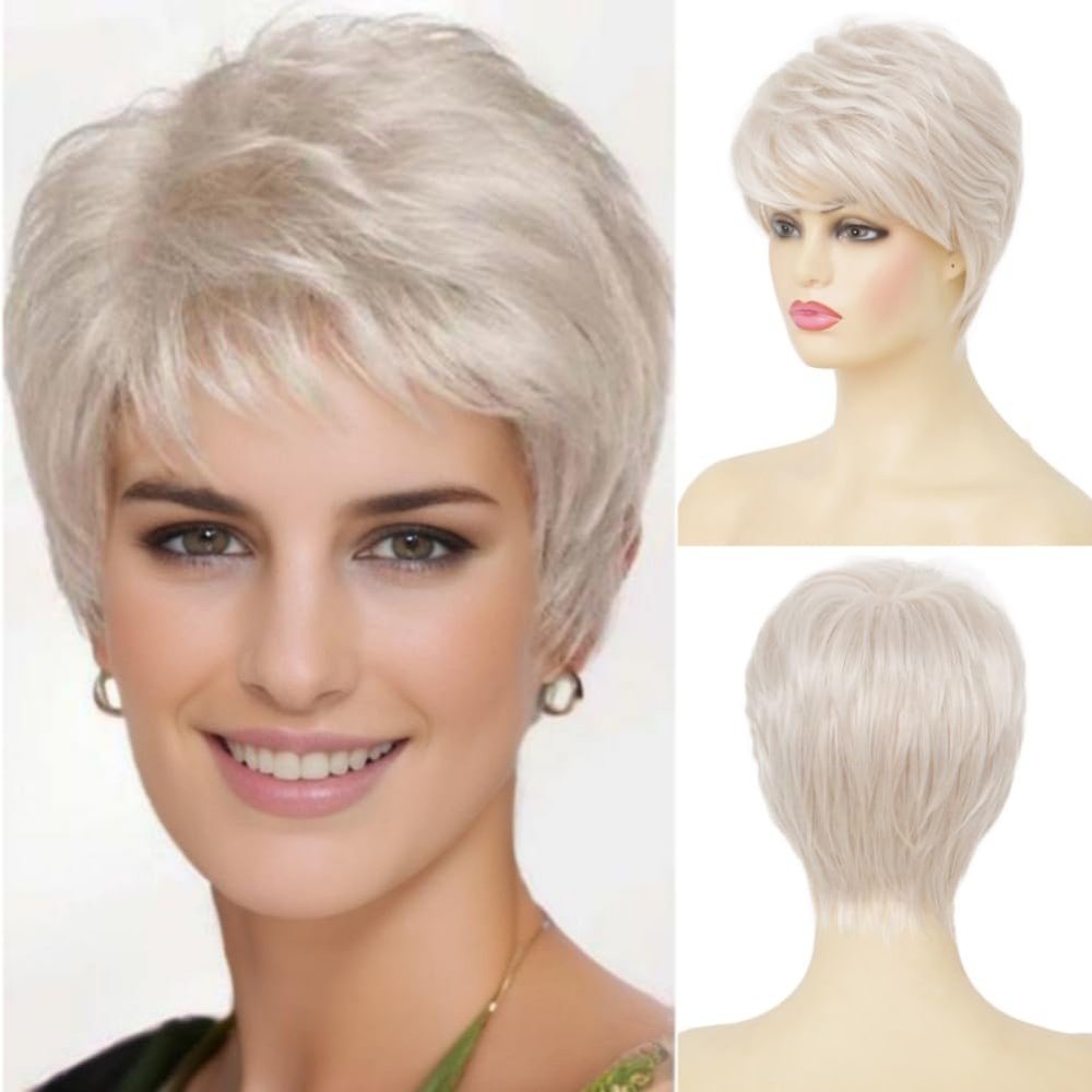 Kaneles Short Blonde Wig for Women with Bangs Natural Synthetic Halloween Hair Wigs Daily Layered Lady Wigs(Light Blonde)