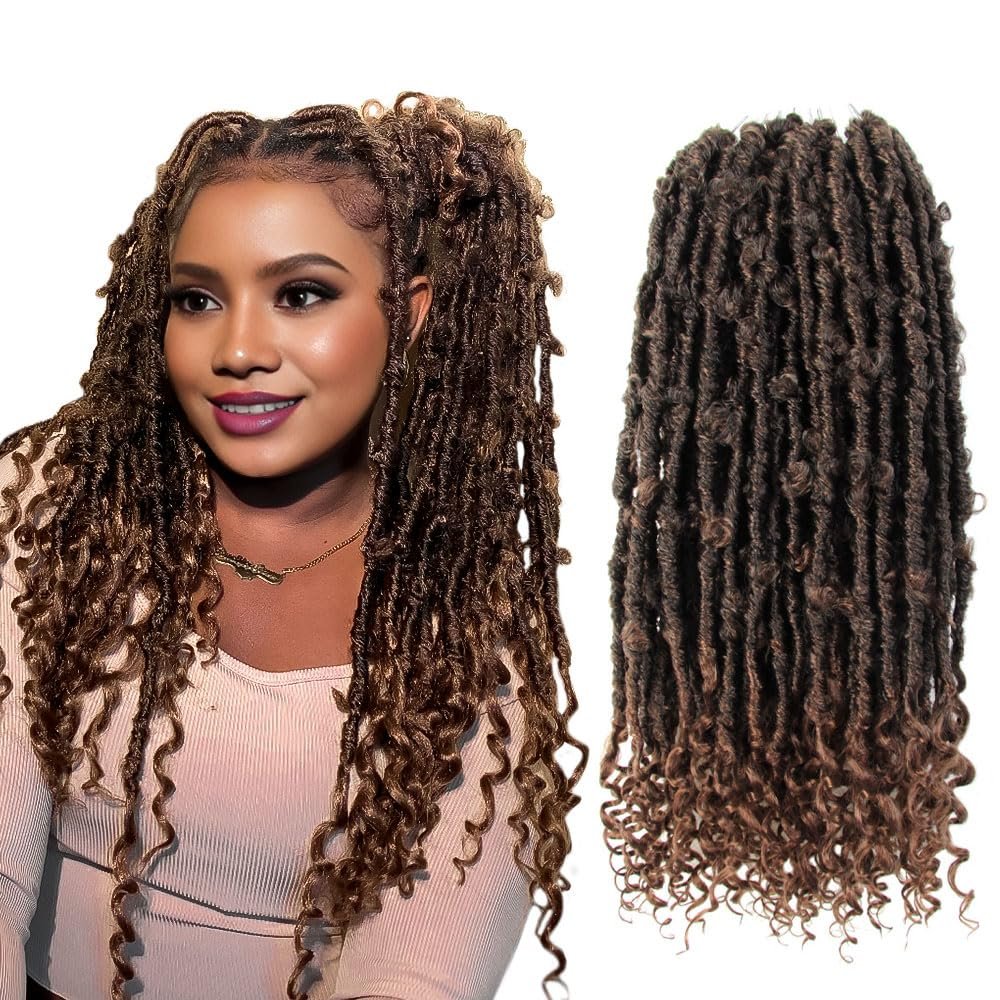 CISINPO Butterfly Locs with Curly End 18 Inch, 6 Packs Boho Distressed Locs Crochet Hair, Bohemian Goddess Faux Butterfly Braids with Wavy Ends (T30, Ombre Medium Dark Brown)
