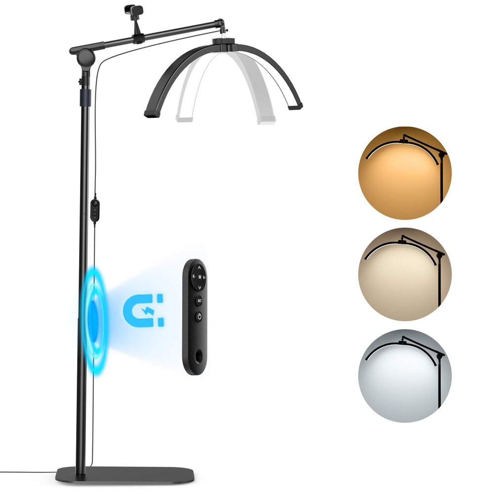 LASTAR LED Lash Light for Eyelash Tech Half Moon Floor Lamp with Adjustable Brightness, Warm-to-Cool Lighting & Built-in Phone Holder Ideal for Tattoo Artists, Estheticians & Lash Experts