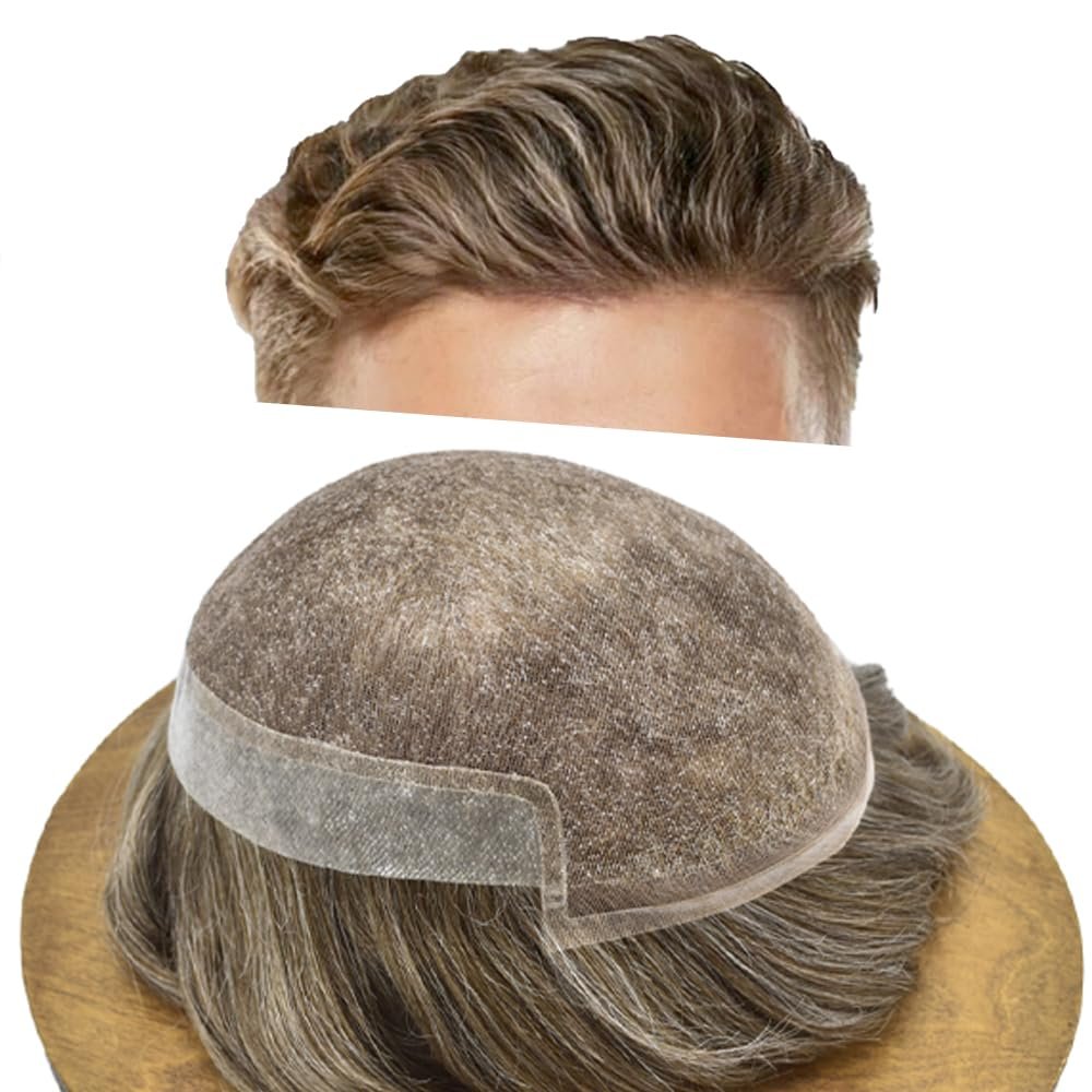 Healthlif Hair Toupee For Men Remy Human Hair Piece For Men Undetectable Lace Toupee Mens Hairpieces Bleach Knots Mens Hair System 7X9#540#5 Medium Light Brown+40% Grey 80% Density