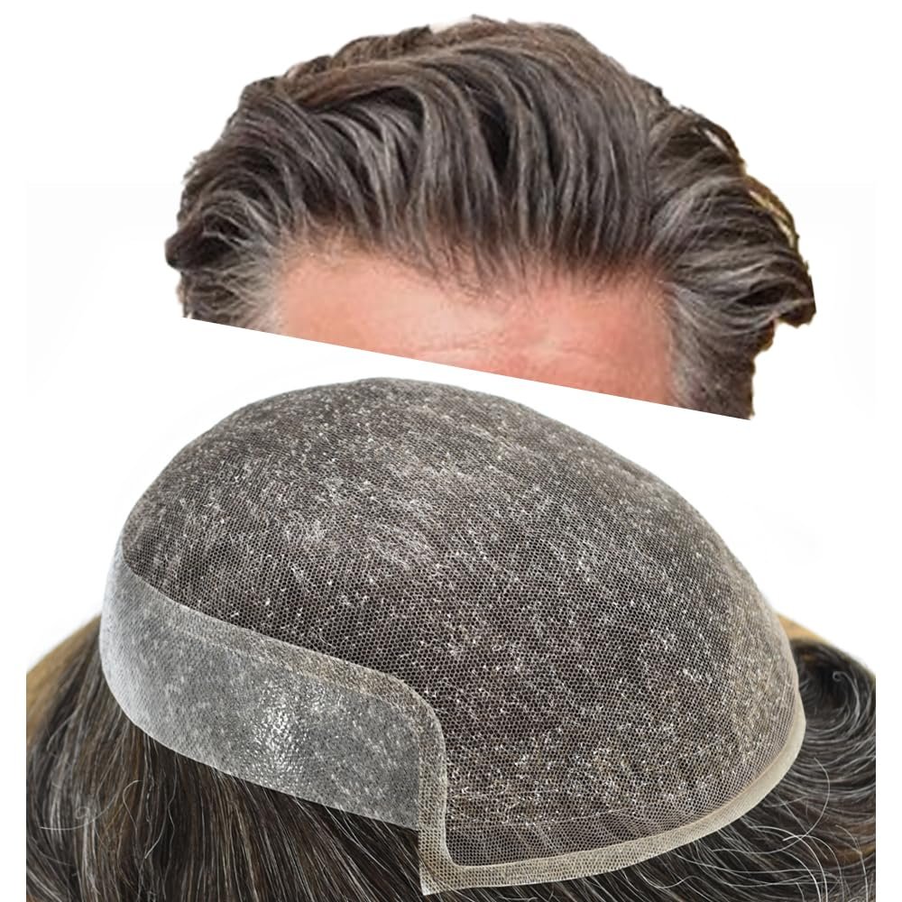 Healthlif Hair Toupee For Men Remy Human Hair Piece For Men Undetectable Lace Toupee Mens Hairpieces Bleach Knots Mens Hair System 8X10#230#2 Darkest Brown+30% Grey 100% Density