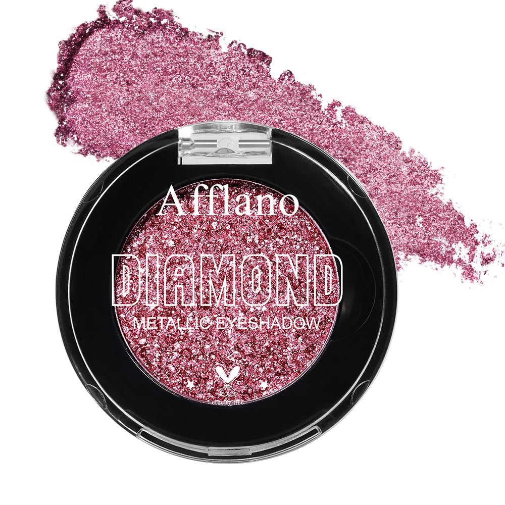 Afflano Single Pink Glitter Eyeshadow Palette, Sparkle Champagne Pink Rose Glitter Eyes Look, Highly Pigmented, Long Lasting Diamond Metallic Eye Shadow Pallet for Girl Women Concerts Day Night Makeup
