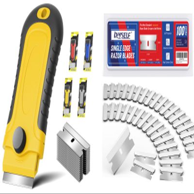 DIYSELF 2Pack Yellow Razor Blade Scraper with 15 Extra Blades and 100 Single Edge Razor Blades