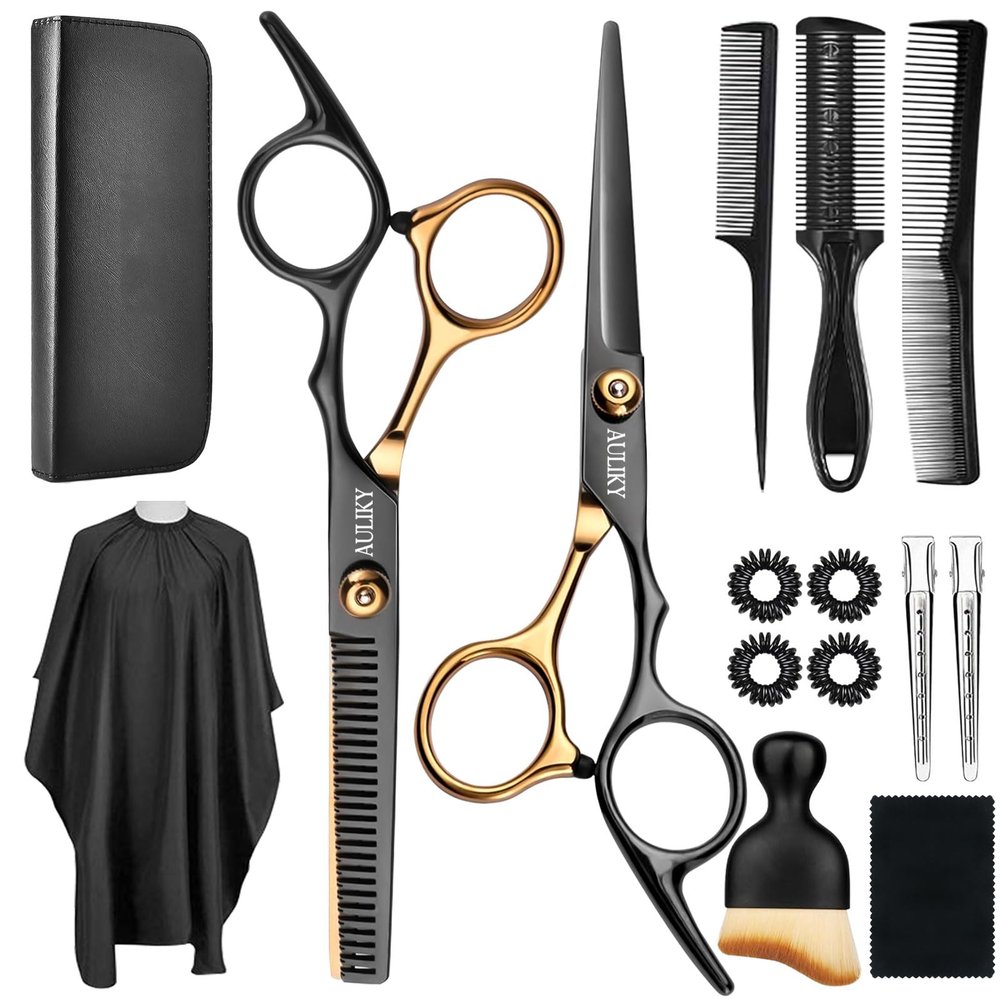AULikY Hair Cutting Scissors Shears Kits, 15 Pcs Professional Stainless Steel Hairdressing Shears Set Thinning Scissors for Barber/Salon/Home/Men/Women/Kids/Adults