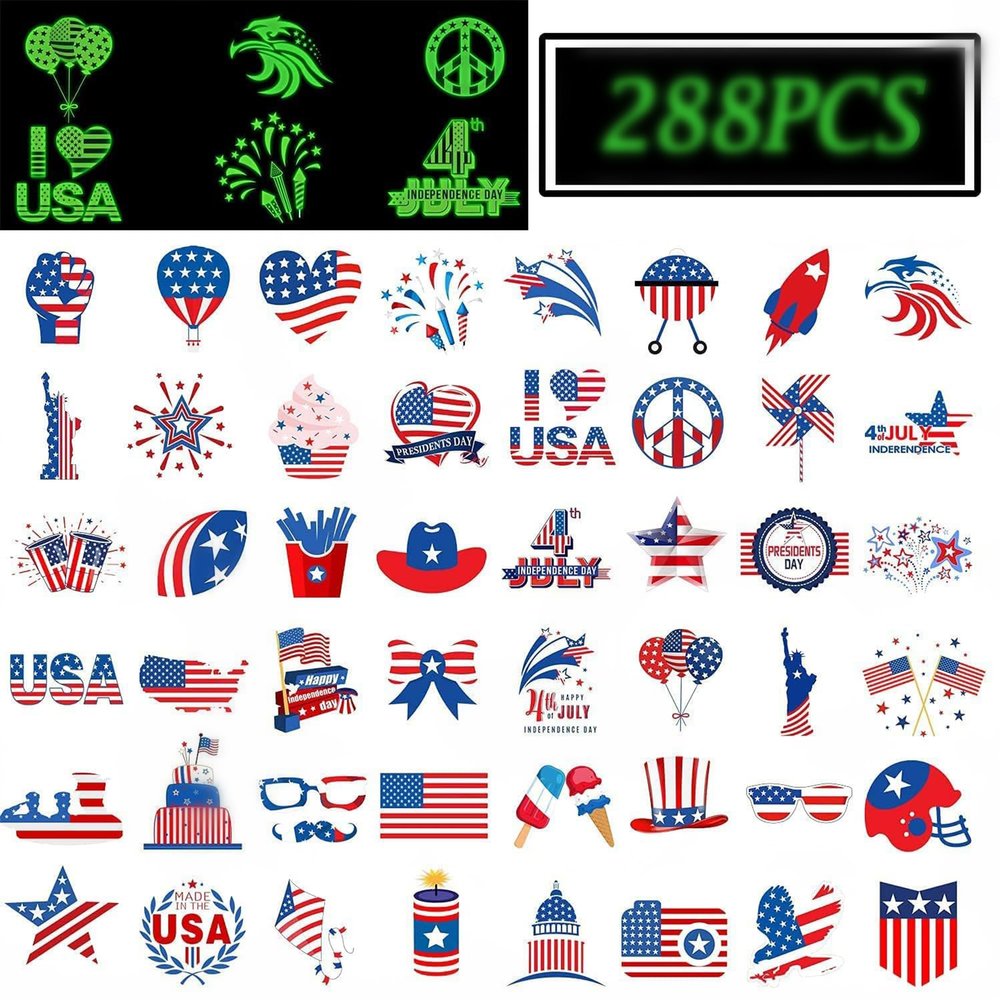 288PCS 4th/Fourth of July Tattoos for Kids, Glow in the Dark Tattoo Patriotic tattoos Patriotic Party Decorations Favors Supplies 48 Designs for Fourth of July Party, Independence Day party