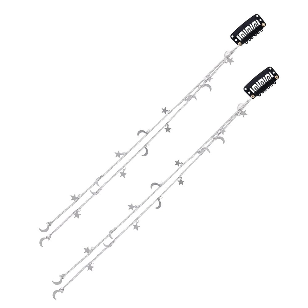 2Pcs Long Hair Chain Jewelry Braided Hair Chain Star Moon Hair Jewelry Hair Chain Tassel Hair Charms Accessories Decorative Hair Clip Chain for Women Festival, Silver