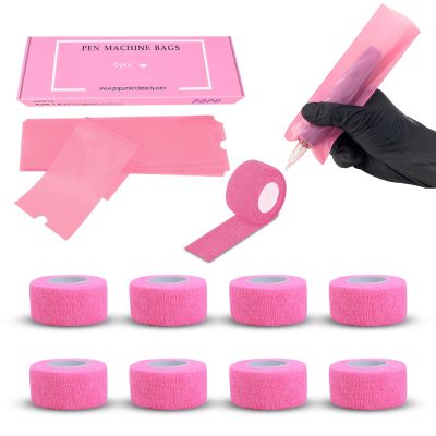 EZ Tattoo Machine Covers with Grip Tapes - 9PCS (1inch x 5 Yard) Tattoo Grip Wrap with 200pcs (2.0 inch X 6.6 inch) Disposable Tattoo Pen Machine Covers Tattoo Supplies
