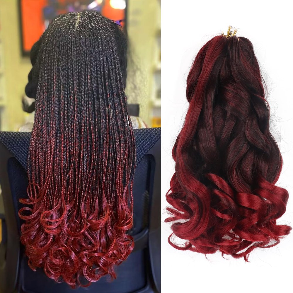 French Curly Braiding Hair 12 Inch 8 Packs Curly Braiding Hair Pre Stretched for Box Braids French Curls Crochet Braids Bouncy Wavy Synthetic Braiding Hair Extensions(12 Inch, Black mixed Burgundy)