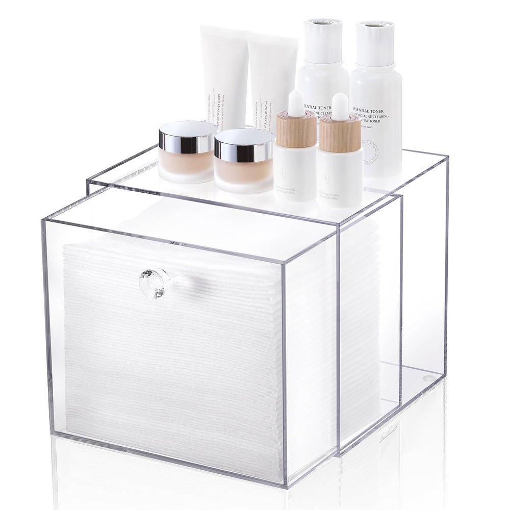 Disposable Face Towel Container Box Compatible with Clean Skin Club Clean Towel XL, AcrylicTowel Storage Bin with Drawer, Makeup Organizer stackable holder, Ideal for Vanity, Bathroom Organization