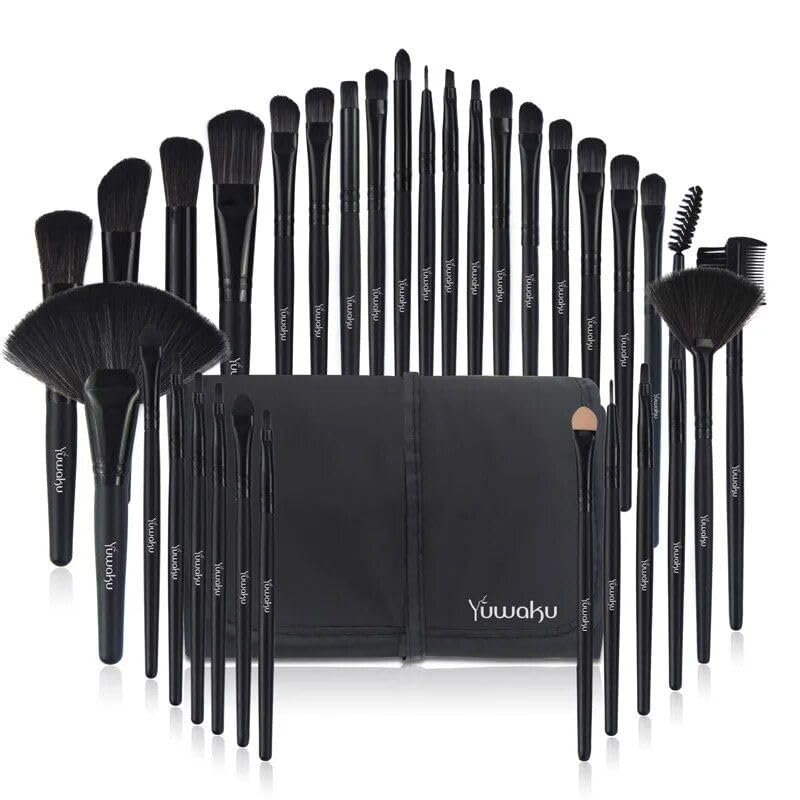 Generic Professional Makeup Brush Set with Eco-Friendly Wooden Handles and Bag Black, 9.44 x 6.1 x 1.96 in