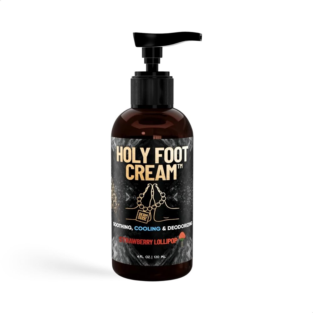 Derm Dude Holy Foot Cream for Dry Cracked Heels and Feet | Moisturizing Lotion Formulated w/All-Natural DeoPlex for Odor Control & Arrowroot for Deep Hydration - Strawberry Lollipop Scent 4oz (1pack)