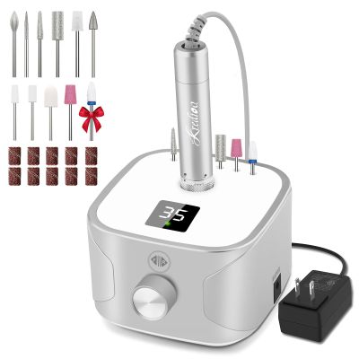 Kredioo Electric Nail Drill Professional for Salon Use 35000RPM Efile File Kit for Gel Nails Polish Remover with 11 Bits and Sanding Bands Build-in Bit Holder -Silver