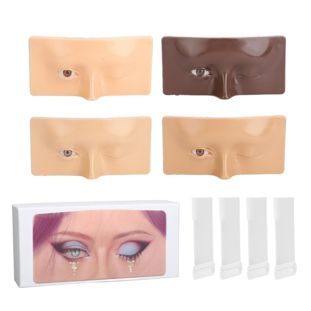 Makeup Practice Face, 4 Sets Eye Makeup Practice Board Closing Opening Eyes Reusable Silicone Mannequin Face Board White Yellow Black Wheat Skin