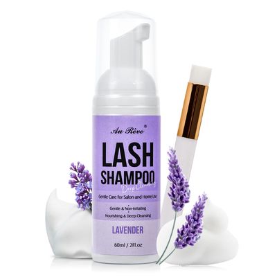 Lash Shampoo for Lash Extensions 60 Ml/2fl.oz Eyelash Extension Cleanser Oil Free Lash Cleanser for Eyelash Care, Gentle Foaming Eyelash Shampoo with Brush for Salon Home Care (Lavender 60ml)