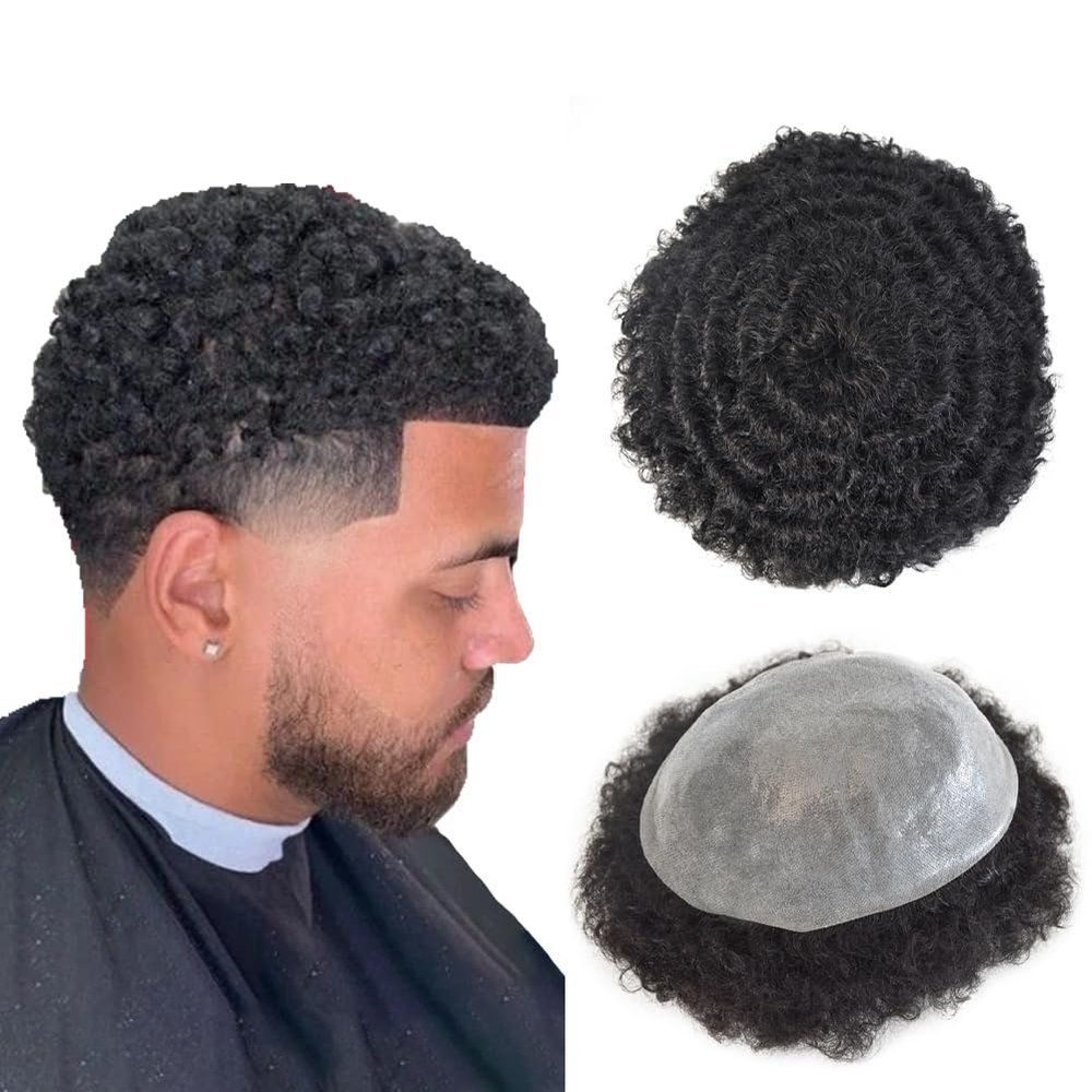 LYRICAL HAIR Afro Curl Mens Toupee Hairpiece African American Human Hair System Replacement 10X8 All Poly Skin PU Curly Hair Unit Toupee for Black Men Wigs (#1 Jet Black, Afro Wavy 12MM)
