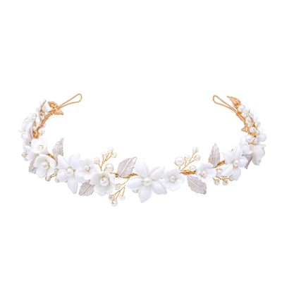 Oriamour Wedding Headbands With Ceramic Flowers Bridal Wedding Headpieces For Women Girls Pearls Headband With Leaves Desgin (Gold)