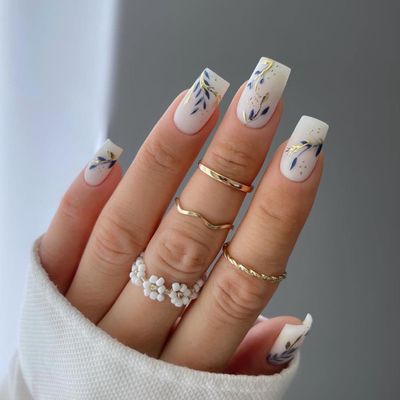Gold Blue Leaves Press on Nails Medium Square Fake Nails Spring Summer White Matte False Nails Gold Foil Design Acrylic Glossy Artificial Fingernails Spring Stick on Nails for Women 24Pc