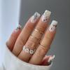 Gold Blue Leaves Press on Nails Medium Square Fake Nails Spring Summer White Matte False Nails Gold Foil Design Acrylic Glossy Artificial Fingernails Spring Stick on Nails for Women 24Pc view 1