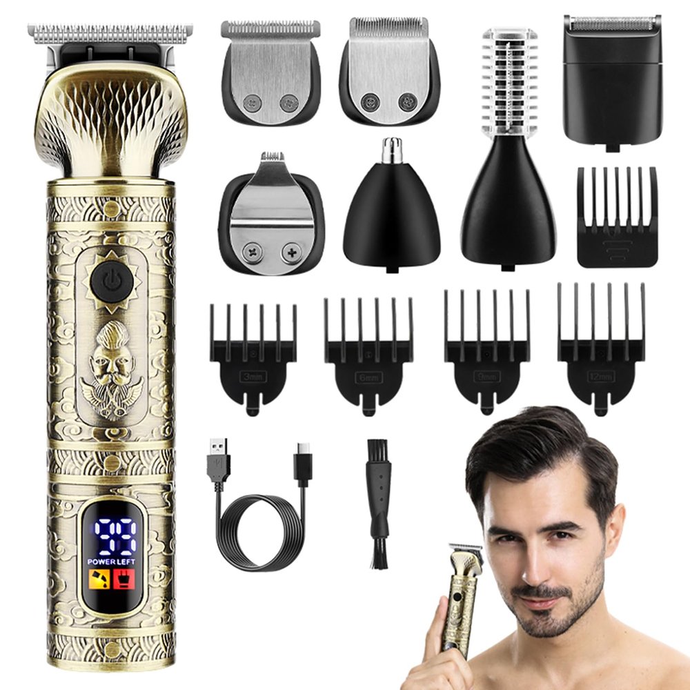 Layhou Men's Grooming Kit Multifunction Hair Trimmer Set Beard Shaver Electric Body Hair Trimmer Nose Trimmer Haircut Kit Engraving Cutter with Guide Combs Type-C Rechargeable