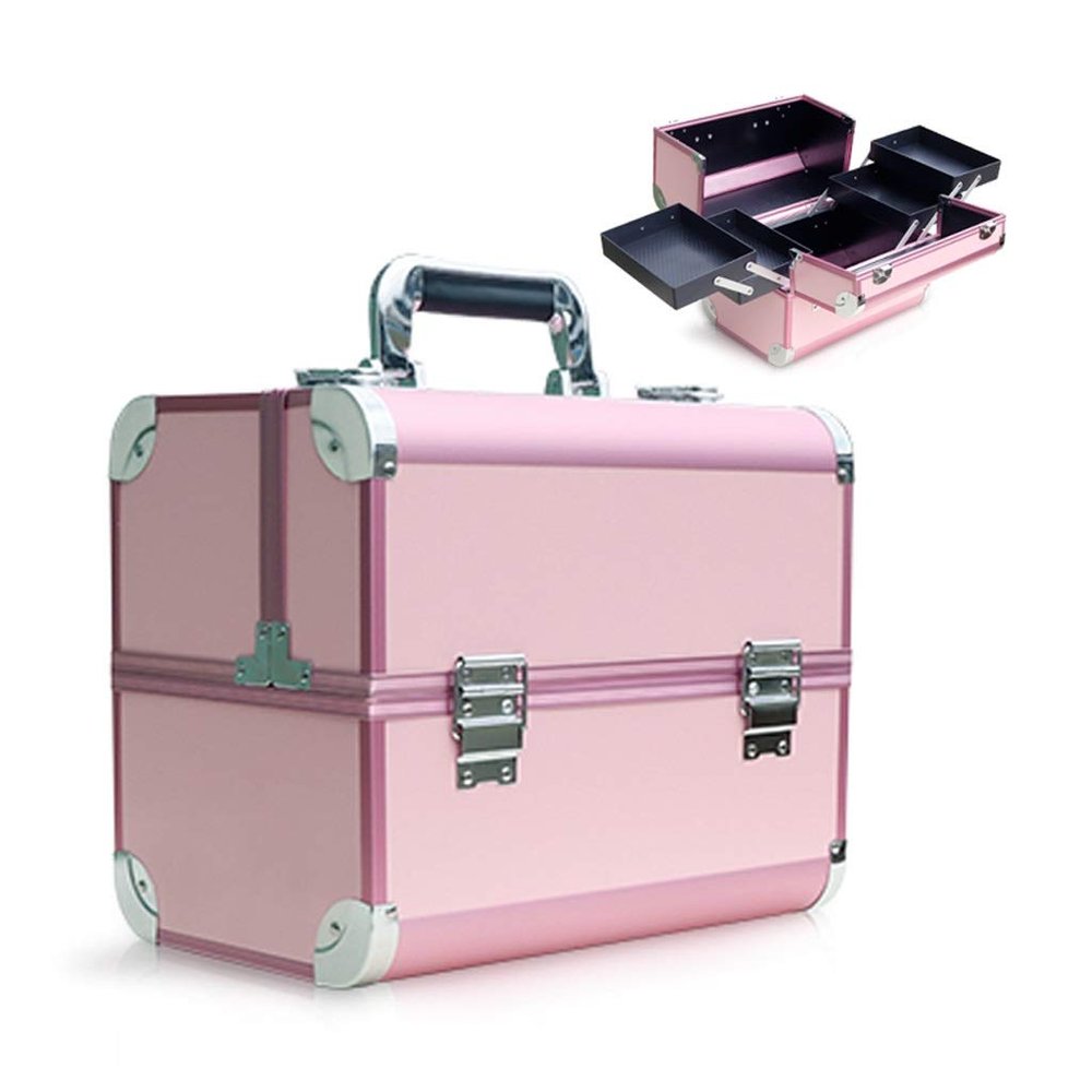 BELWEIS Tool Box Organizer Toolbox Makeup Train Case Professional Cosmetic Box Portable Aluminum Makep Box with Foldable 4 Trays and 2 Lock and Buckle Toolbox for Tools