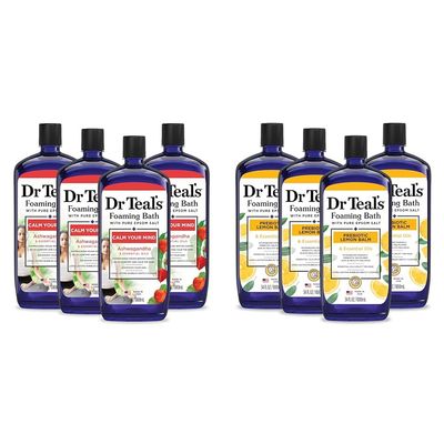 Dr Teal's Foaming Bath Bundle with Pure Epsom Salt, Ashwagandha, 34 fl oz (Pack of 4) and Prebiotic Lemon Balm, 34 fl oz (Pack of 4)