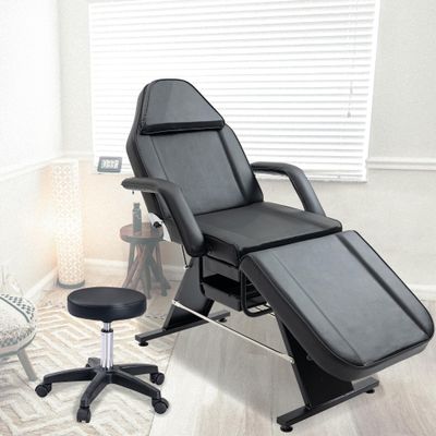 Brisca Massage Salon Tattoo Chair with Two Trays,Esthetician Bed W/Hydraulic Stool and Multi-Purpose 3-Section Facial Table,for Barber,Mani-pedis,Spa,Black