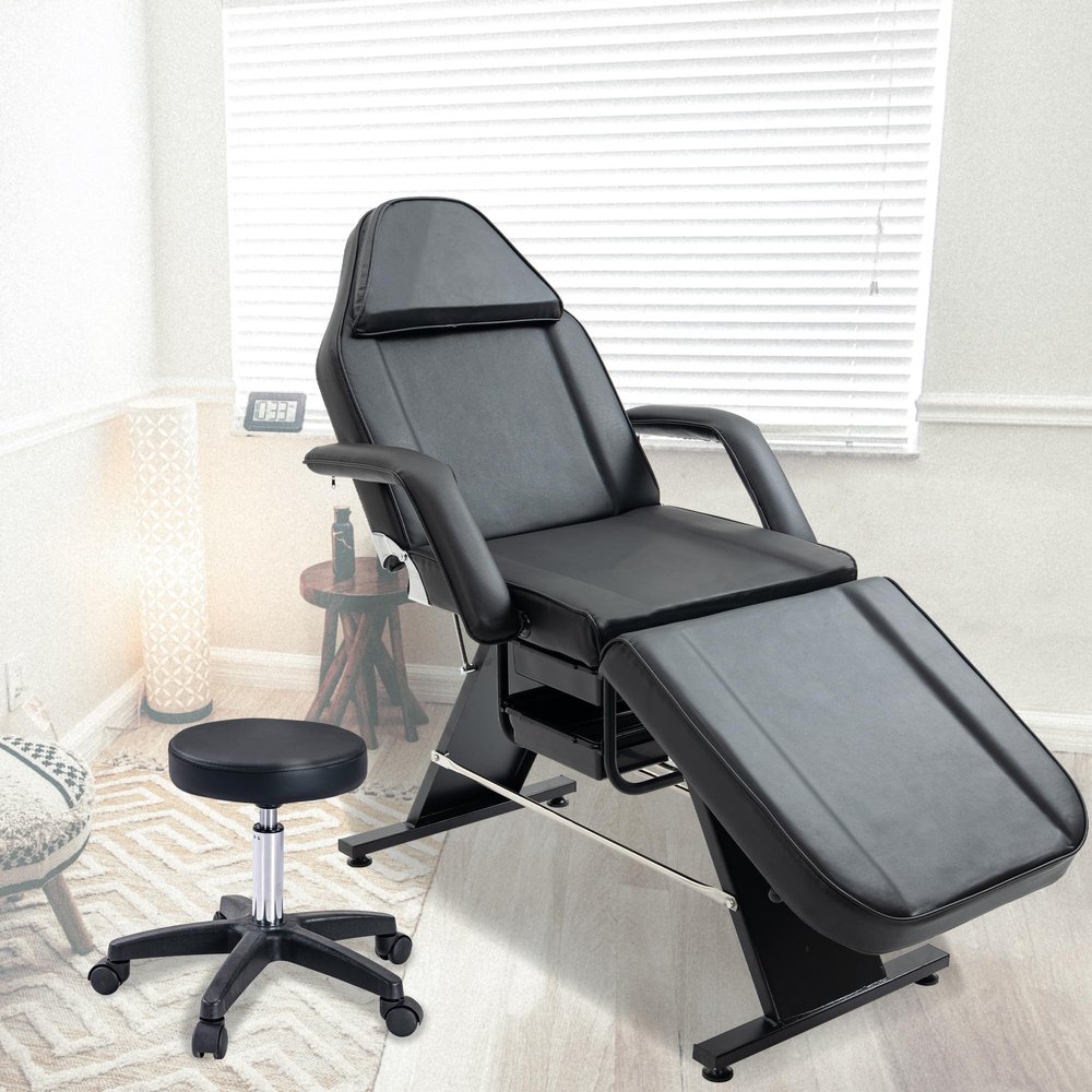 Brisca Massage Salon Tattoo Chair with Two Trays,Esthetician Bed W/Hydraulic Stool and Multi-Purpose 3-Section Facial Table,for Barber,Mani-pedis,Spa,Black