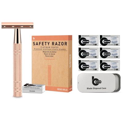 BULIMICA Rose Gold Safety Razor Kit, Includes 1 Safety Razor with 10 Blades and 1 Razor Blade Bank with 30 Blades