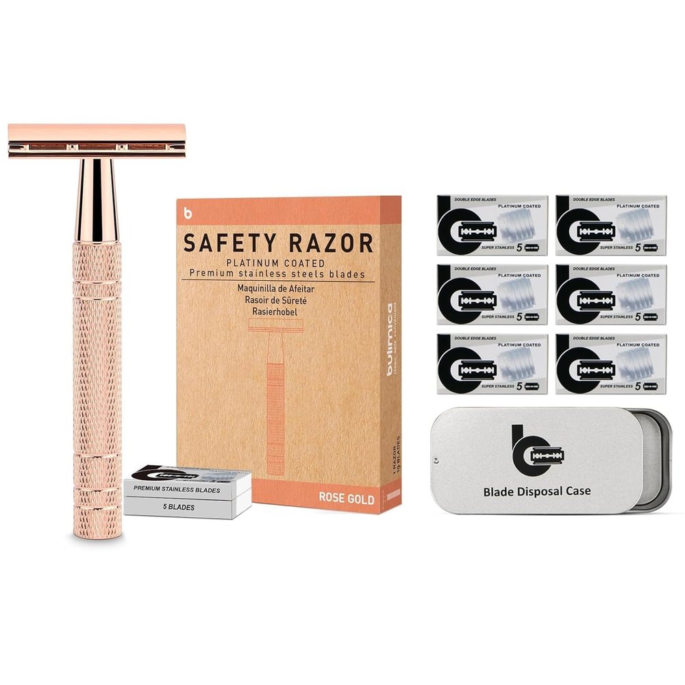 BULIMICA Rose Gold Safety Razor Kit, Includes 1 Safety Razor with 10 Blades and 1 Razor Blade Bank with 30 Blades