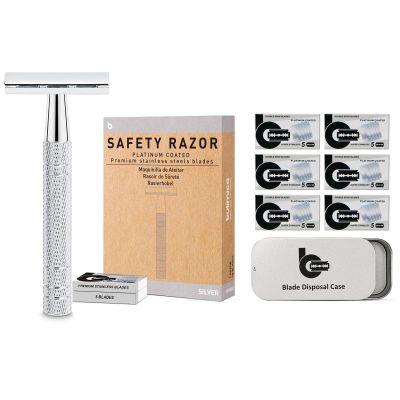 BULIMICA Silver Safety Razor Kit, Includes 1 Safety Razor with 10 Blades and 1 Razor Blade Bank with 30 Blades