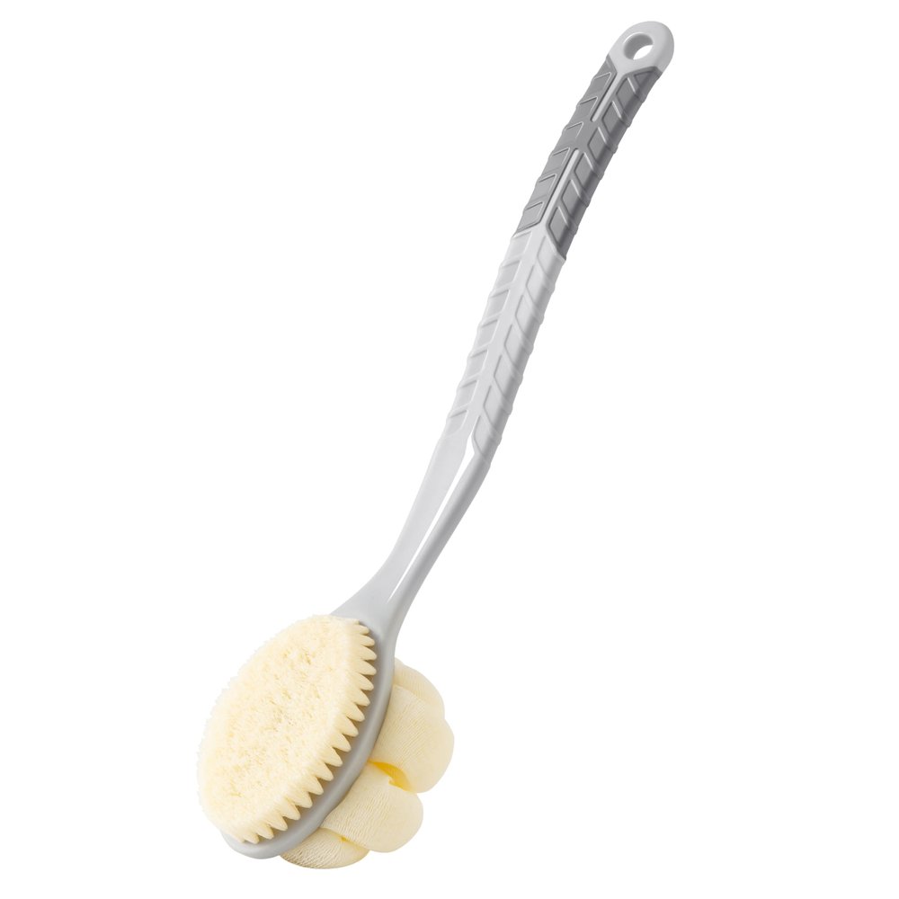 Arswin Shower Body Brush with Bristles and Large Pumpkin Loofah,Back Scrubber Bath Mesh Sponge with Anti-Slip Curved Long Handle for Skin Exfoliating,Massage Bristles for Wet or Dry,Men Women (Grey)