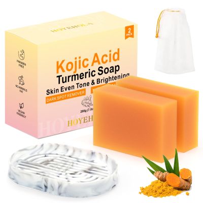 HOYEHOLA Kojic Acid Turmeric Soap Bar - Dark Spot Remover for Body and Face, Even Skin Tone Moisturizing & Nourishing Natural Ingredients 2Pack with Soap Dish