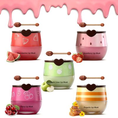5PCS Bee Lip Balm Honey PotHoney&Strawberry&Watermelon&Cherry&Apple Lip Mask Overnight Propolis Moisturizing Lip Balm Hydrating Prevention Dry and Crack Lip Scrubs Exfoliator Lip Wrinkle Care