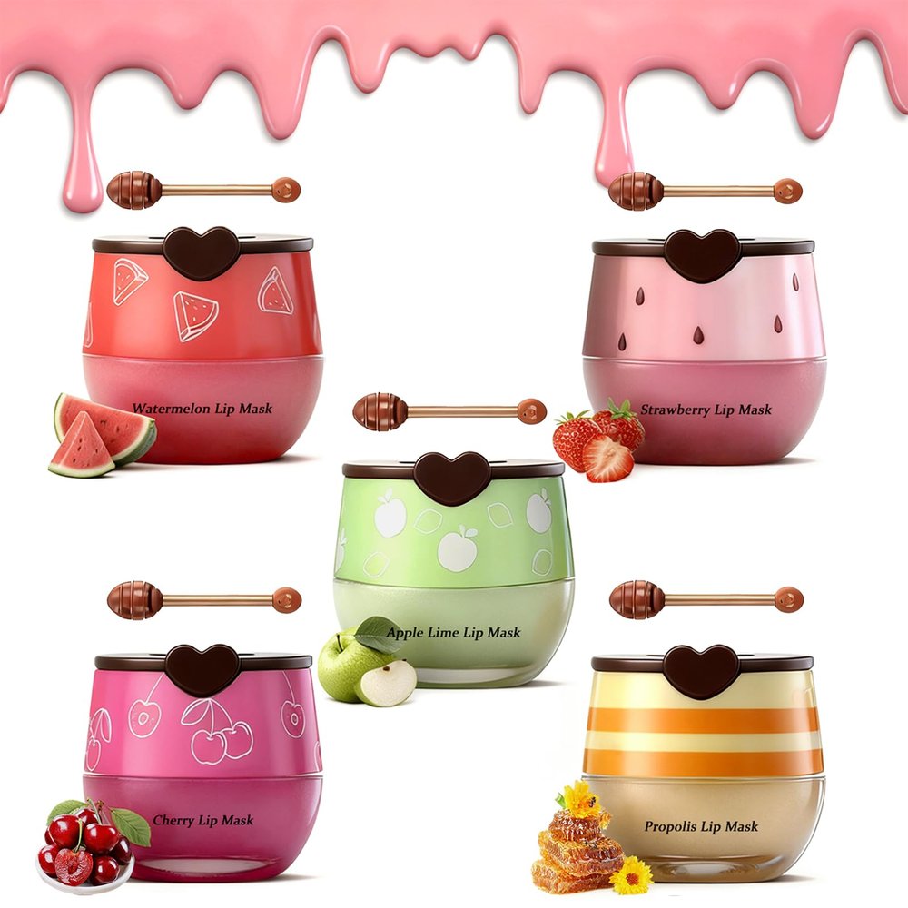5PCS Bee Lip Balm Honey PotHoney&Strawberry&Watermelon&Cherry&Apple Lip Mask Overnight Propolis Moisturizing Lip Balm Hydrating Prevention Dry and Crack Lip Scrubs Exfoliator Lip Wrinkle Care