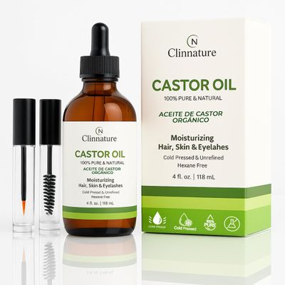 Castor Oil for Eyelash & Aceite de Castor Organico | Aceite de Ricino para Pestaas 4 fl oz, Cold-Pressed & Hexane-Free, Glass Bottle with Pre-Filled Lash & Brow Applicators