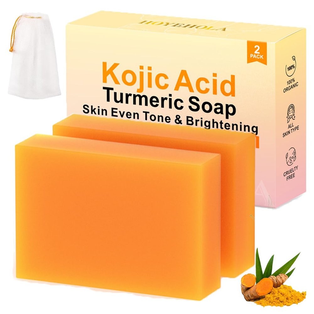HOYEHOLA Kojic Acid Turmeric Soap Bar - Dark Spot Remover for Face Even Skin Tone, Moisturizing & Nourishing Natural Ingredients 2Packs