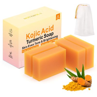 HOYEHOLA Kojic Acid Turmeric Soap Bar - Dark Spot Remover for Face Even Skin Tone, Moisturizing & Nourishing Natural Ingredients 4Packs