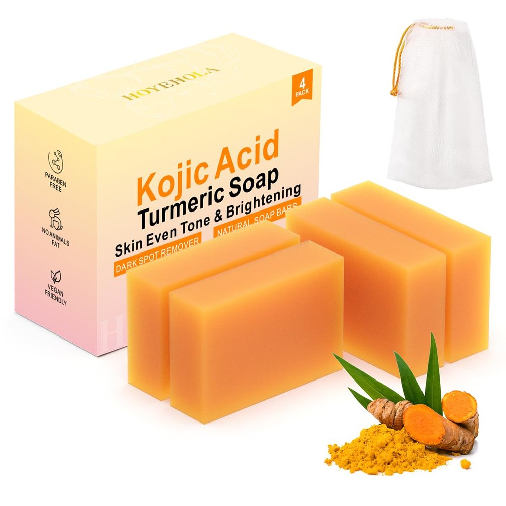 HOYEHOLA Kojic Acid Turmeric Soap Bar - Dark Spot Remover for Face Even Skin Tone, Moisturizing & Nourishing Natural Ingredients 4Packs