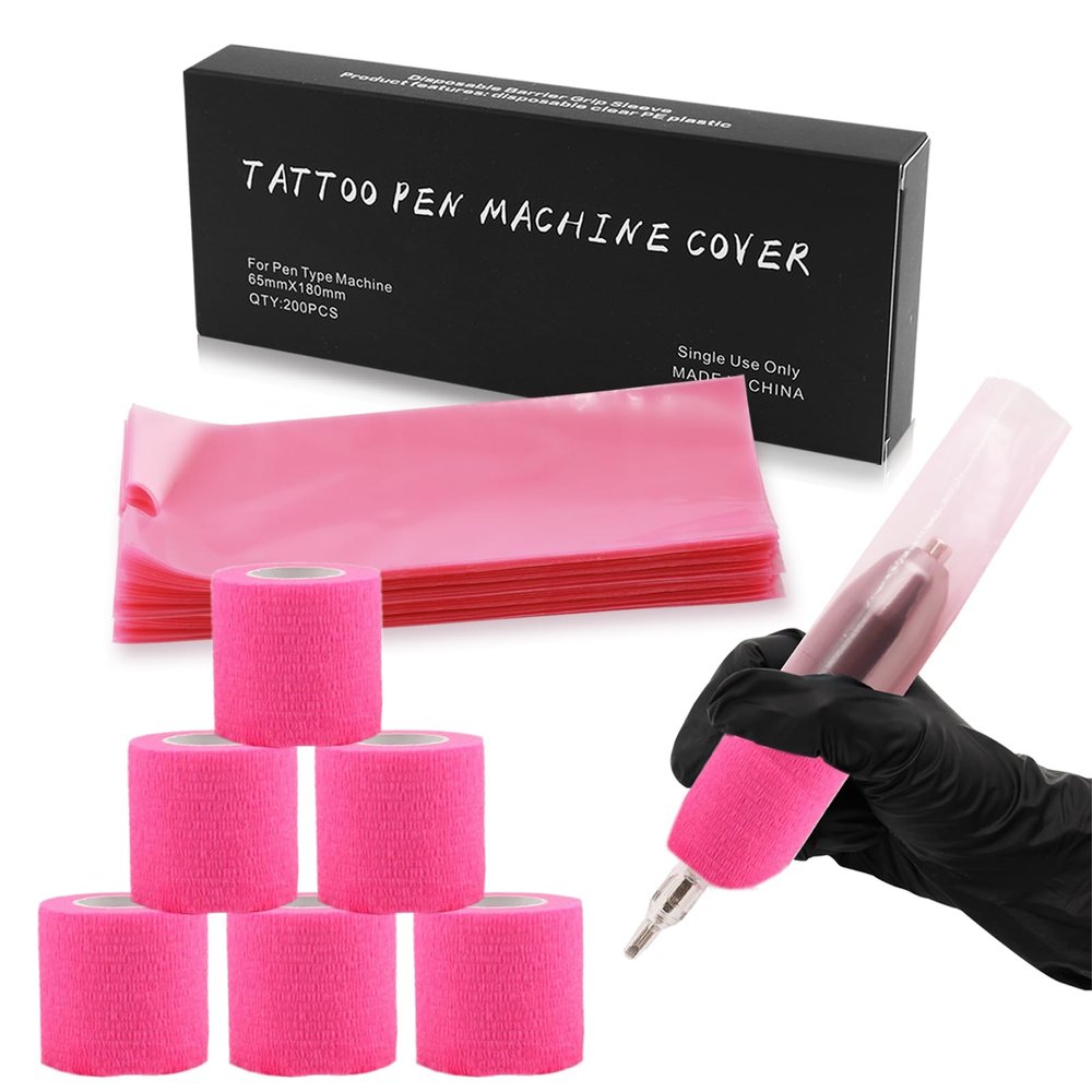 Anghie Tattoo Machine Pen Covers with 6pcs Pink Grip Tape Wrap,200Pcs Large 2.56 X 7.09 inch Machine Wrap, Combination Grip Tattoo Machine Covers Self-Adhesive Tape Wrap